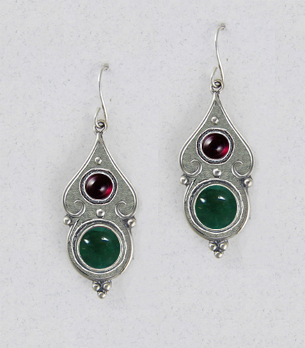 Sterling Silver Gothic Look With Fluorite And Garnet Gemstone Drop Dangle Earrings